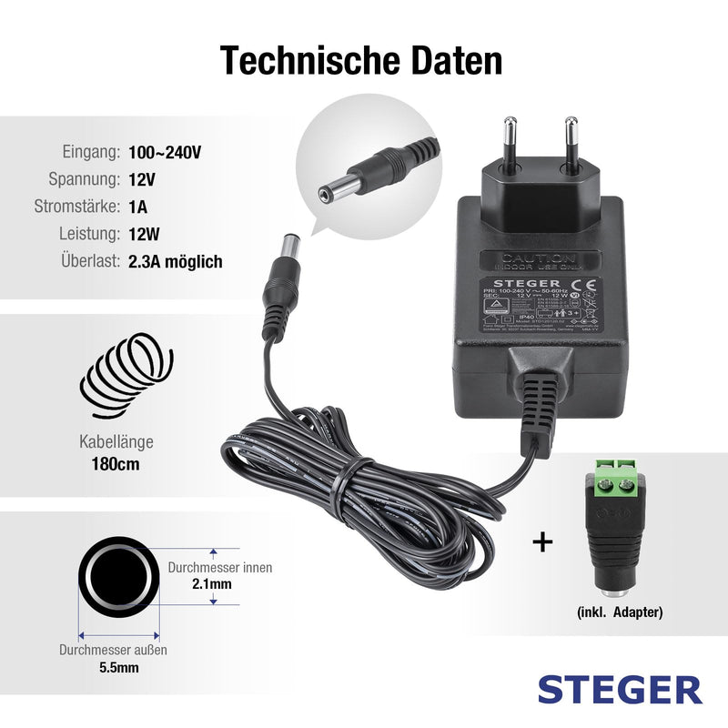 STEGER 12 V Power Supply 1 A 12 W, Certified Power Supply for Toys, LED, Model Making and IT Devices, 12 Volt Power Supply with Plug 5.5 mm x 2.1 mm, Universal Power Supply 100-240 V AC/DC Adapter 50-60 Hz 12 watts