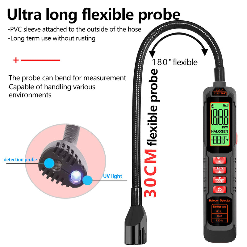[Australia - AusPower] - Professional Halogen Gas Detector with 180° Flexible Probe, Digital Refrigerant Leak Detector for R22, R32, R134a, LCD Display, Ultraviolet Detection, 30CM Probe Length BLACK 