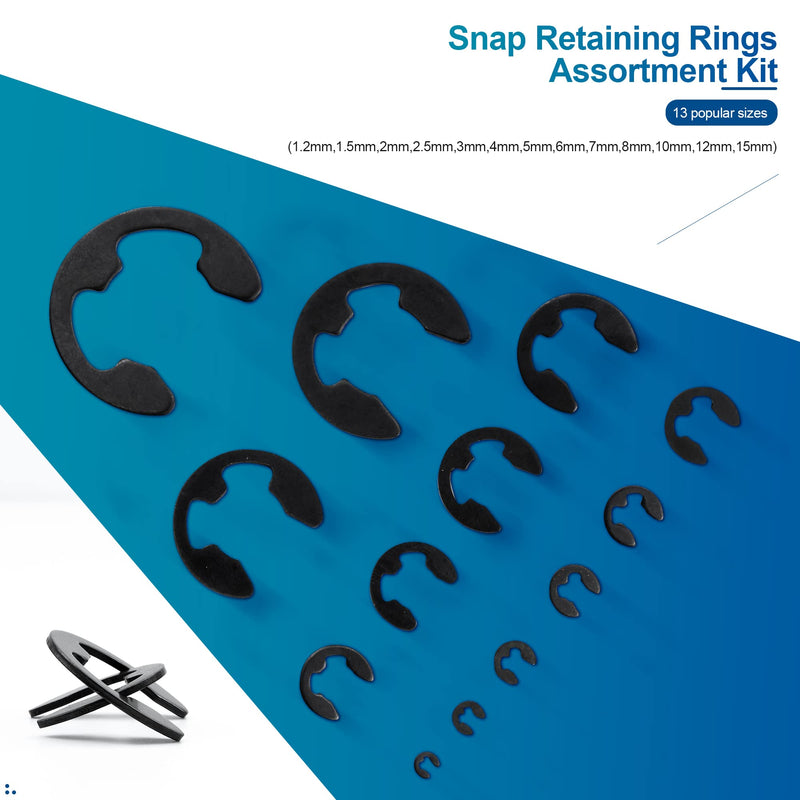 [Australia - AusPower] - NINDEJIN 395PCS Retaining Rings E-Clip Assortment Set, 13 Sizes, Carbon Steel External Snap Ring, E-Clips Retainer Circlip Rings for Projects - Gears Pulleys Axles Shafts and Other Moving Parts E-Clip Carbon Steel (395 pcs) 
