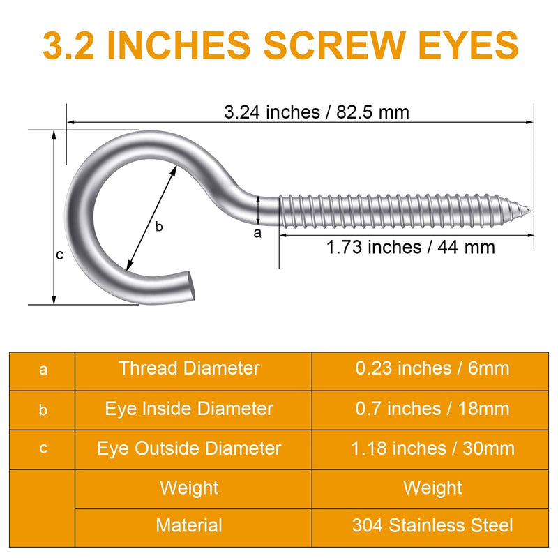 [Australia - AusPower] - 3.2 Inches 304 Stainless Steel Screw Eyes 6 Pack,Heavy Duty Screw in Hooks for Hammock Stand, Indoor Ceiling&Outdoor 