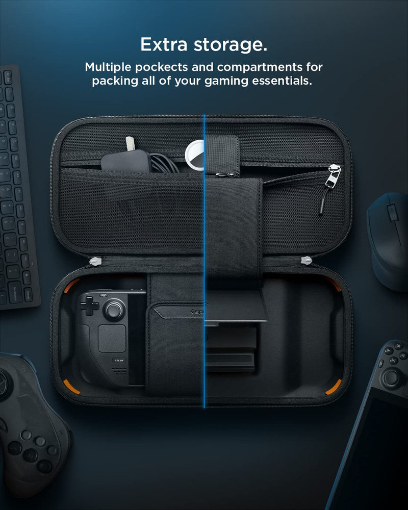 [Australia - AusPower] - Spigen Rugged Armor Pro Designed for Steam Deck LCD (2022) / Steam Deck OLED (2023) Hard Shell Travel Carrying Case with Pockets for Accessories and Original Charger Storage Bag Carry Case - Black 