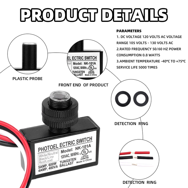 6pcs 105V-130V AC Photocell Light Sensor with Auto On/Off, Dusk to Dawn Photoelectric Switch for Outdoor Lighting Street Lights Control with Nuts & Washers 6