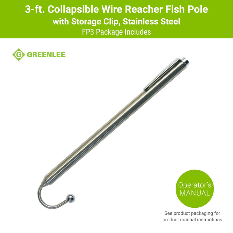 [Australia - AusPower] - Greenlee FP3 3' Collapsible Wire Reacher Fish Pole with Storage Clip, Stainless Steel 