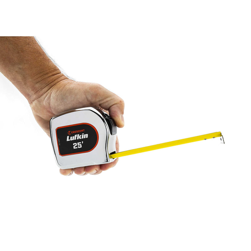 Crescent Lufkin 1-1/8" x 25' Chrome Case Yellow Clad Tape Measure - L925-02 7.6 m