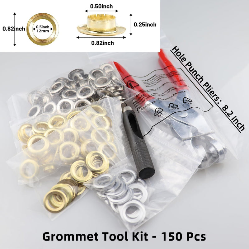 150Pcs 1/2 Inch Professional Grommet Tool Kit, Leather Hole Punch Pliers, Metal Eyelets in Golden(100pcs) & Silver(50pcs), Ideal for Leather, Shoes, Fabric, Belts 1/2 Inch-Golden(100pcs) & Silver(50pcs)