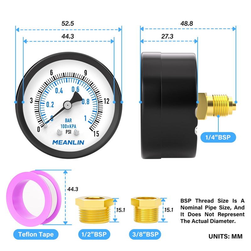 [Australia - AusPower] - MEANLIN MEASURE 0~1BAR/15PSI 2 inch DIAL FACE 1/4 inch BSP well pump pressure gauge, with 1/4 inch x 1/2 inch BSP and 1/4 inch x 3/8 inch BSP hex socket, pool sand filter water oil air pressure test 0~1BAR/0~15PSI Rear mounted 