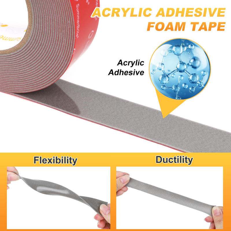Summerbrite Heavy Duty Double Sided Foam Tape, 1 Inch x 25 Ft (2 Rolls, 50 Ft Total), 0.05 Inch Thick Industrial Grade Waterproof Mounting Tape for Automotive, LED Strip Lights, Home & Office 1INX25FT 2 Pack