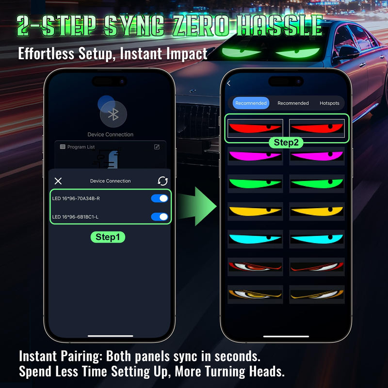 Sachie Devil's Eye 2-Pack:5800 Lux High-Brightness14 x4.3 Programmable ojos led para carro Windshield Display for Sedans, SUVs & Medium Trucks - USB-Powered LED Matrix Panel, Remote/App Control 14x4.3 Inch-2PCS