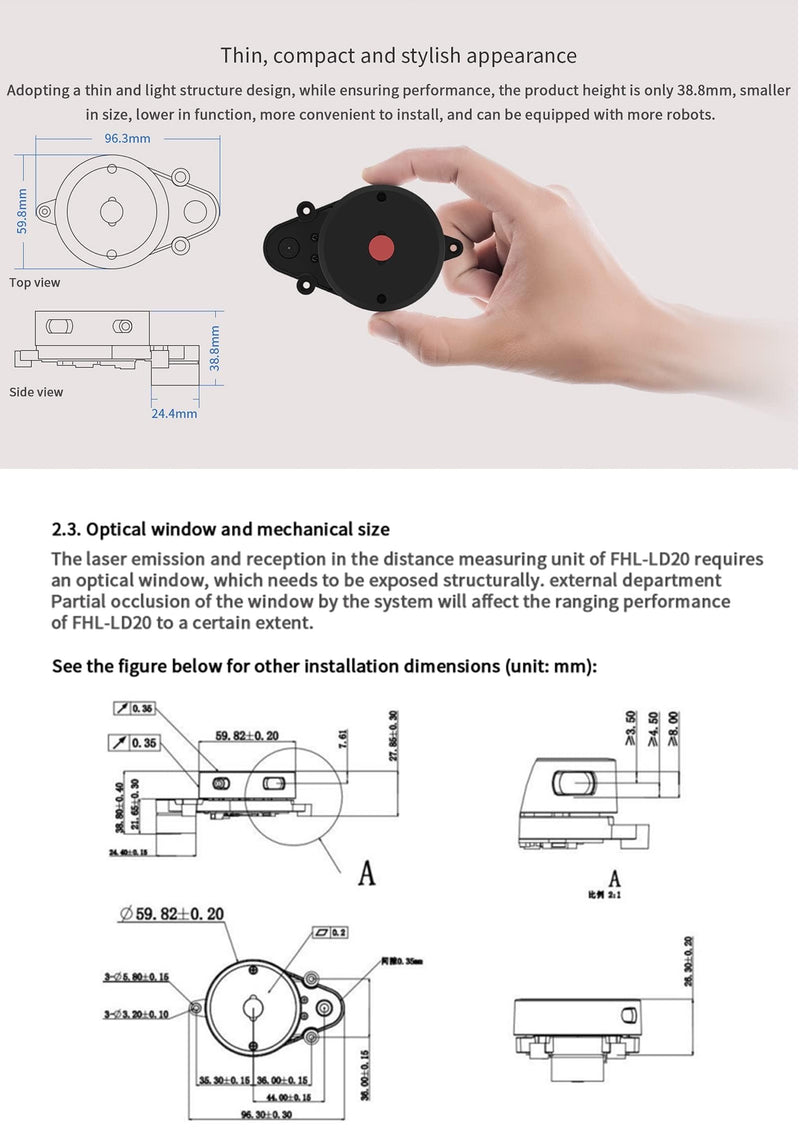 youyeetoo FHL-LD20 8 m 360° Lidar Sensor Offers Compatible Avec Raspberry Pi C/ROS1 & 2 Tutorial, Triangulated LD20 LiDAR, Software Start/Stop Control (LD20 Lidar Kit)