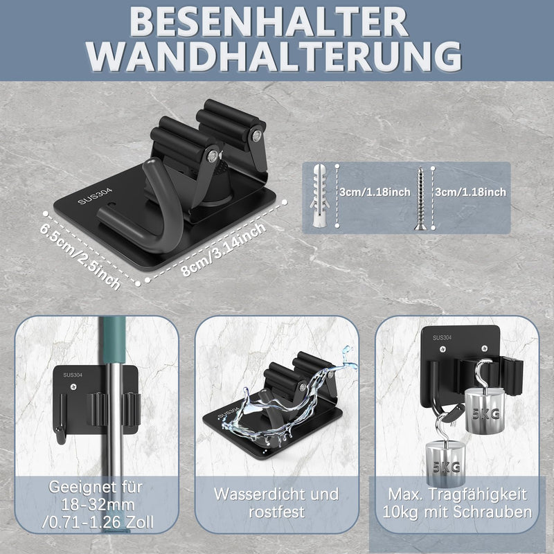 3-H Broom Holder Wall Self-Adhesive, Pack of 6 Tool Holder, Broom Holder, No Drilling, Stainless Steel Broom Wall Mount with Hooks, Garden Tool Holder, Tool Holder for Kitchen, Bathroom, Garden, Black | Besenhalter ohne Bohren,Edelstahl Besen Wandhalte...