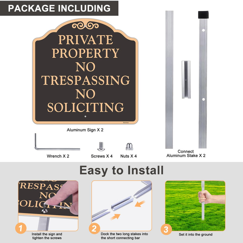 Large (2 Pack) 12X12 Inch Private Property No Trespassing No Soliciting Yard Sign, Reflective, Aluminum, Metal, Weatherproof Up to 7 Years Outdoor, Includes Stakes for Easy Mounting