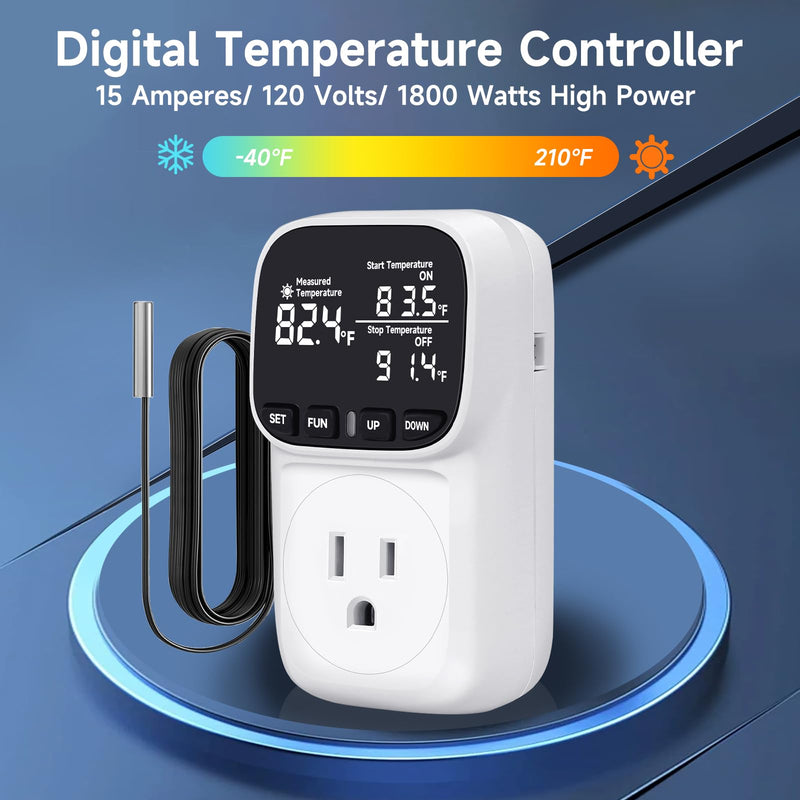[Australia - AusPower] - Temperature Controlled Outlet , 15A/1800W Digital Thermostat Outlet, Cyclic Timing/Countdown, -40℉~210℉ VA Display Heating Cooling Control Timer with 2Pcs Probe Cable for Reptile Incubator White 