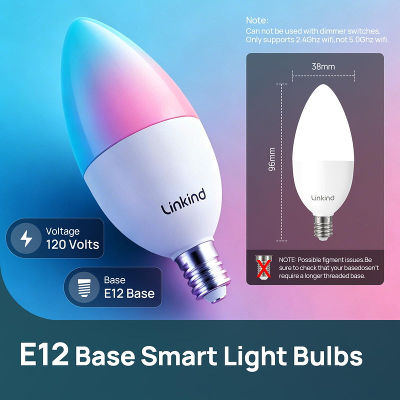 Linkind Matter Smart Light Bulbs, E12 Led Bulb Compatible with Alexa, 500LM Smart Bulbs for Chandelier, Color Changing RGBTW Candelabra Bulbs, 2.4Ghz WiFi Only, 8 Pack