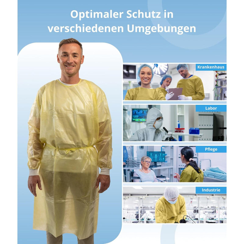 Pack of 10, yellow, disposable PP + PE protective gown, optimal protection, disposable gown with knitted cuffs and fastener, premium surgical gown (125 x 140 cm)