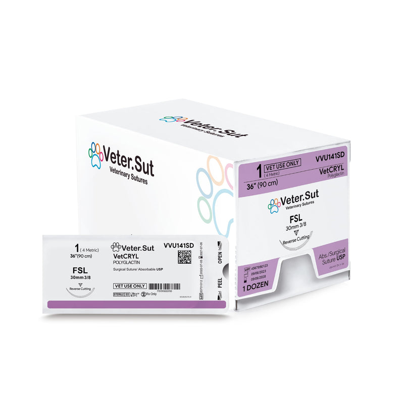 [Australia - AusPower] - VeterSut VetCRYL Absorbable Polyglactin Surgical Suture USP Size 1, (FSL) 3/8 30mm Reverse Cutting Needle, 36 Inches (90 cm), 12 Count, Veterinary Use 