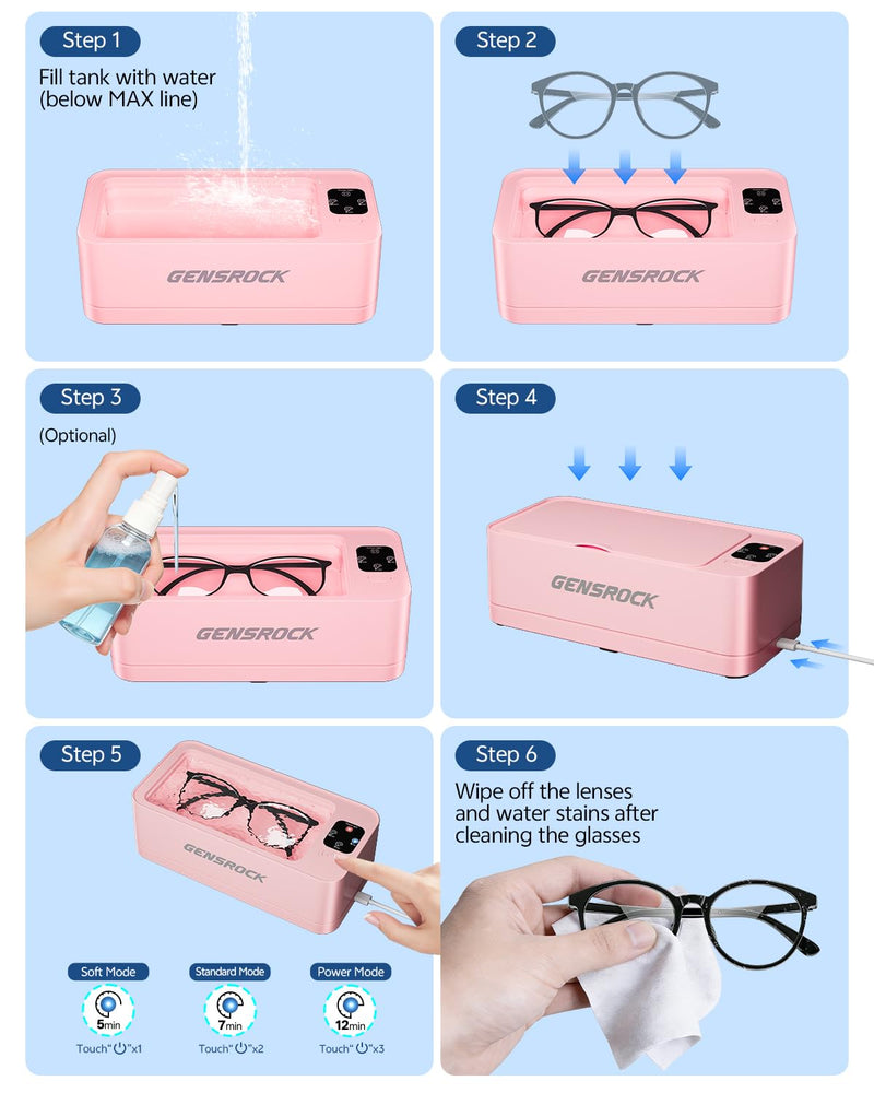 GENSROCK Ultrasonic Jewelry Cleaner, 48kHz Professional Silver Jewelry Cleaner & Diamond Ring Cleaner, 3 Modes, Scratch-Free 360ML Tank, Quiet Sonic Cleaner for Gold, Earrings, Glasses(Pink) Pink