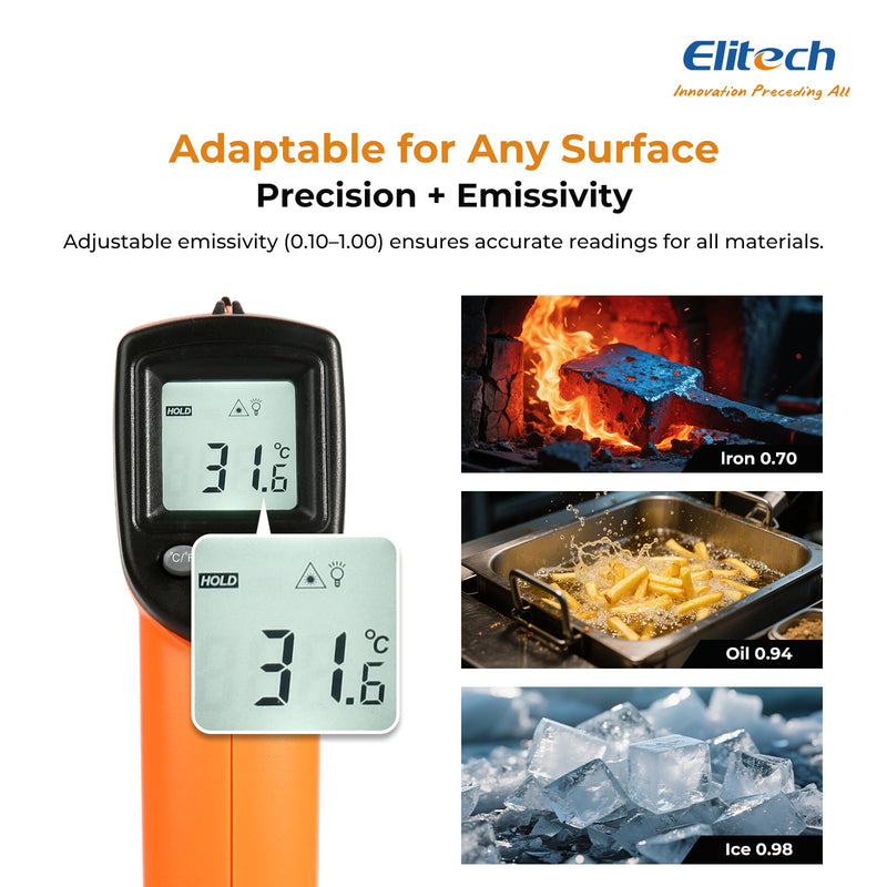 [Australia - AusPower] - Elitech Laser Temperature Gun, Non-Contact Digital Infrared Thermometer, Adjustable Emissivity, Backlight, Handheld for Grill, Meat, Food, Candy, Automotive, HVAC Tools, -50~530°C(-58~986°F), DIT-220 1 