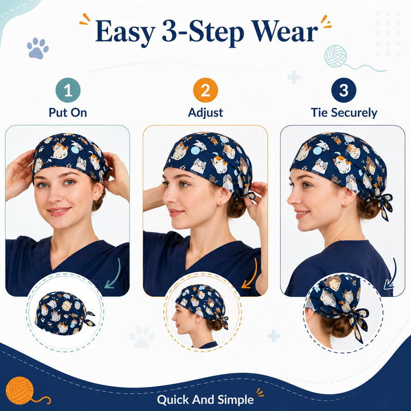 Surgical Cap for Cats, Scrub Cap, Cotton, Adjustable, Breathable, Reusable, for Women, Men, Dentists, Veterinarians, Clinics, Surgical Staff, Long Hair, 1 Piece