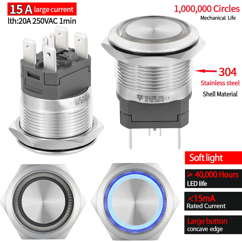 [Australia - AusPower] - 22mm Push Button Switch 15A 110V/120v Latching 2NO DPST Angel Eye LED Stainless Steel Round Self-Locking 7/8'' with Wire Socket Blue Latching 120V 