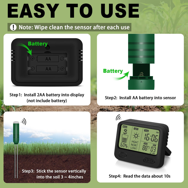 4-in-1 Wireless Soil Moisture Meter/Thermometer/Sunlight/Time,PH Paper, Waterproof Plant Moisture Sensor Meter with Digital LCD Display for Garden, Lawn and Indoor Plants 4-in-1 Display+1 Sensor