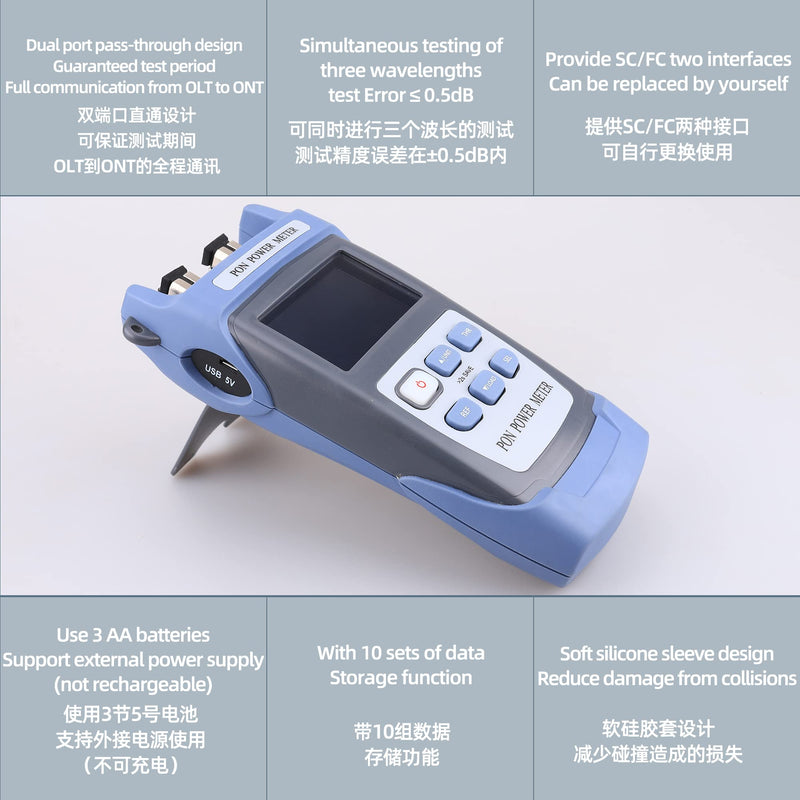 [Australia - AusPower] - Optical Fiber Cable PON Power Meter Tester Tool 1310 1490 1550nm FTTX ONT OLT Handheld PON OPM Network Detection Online Fiber Tester with FC SC APC Adapter Grey 