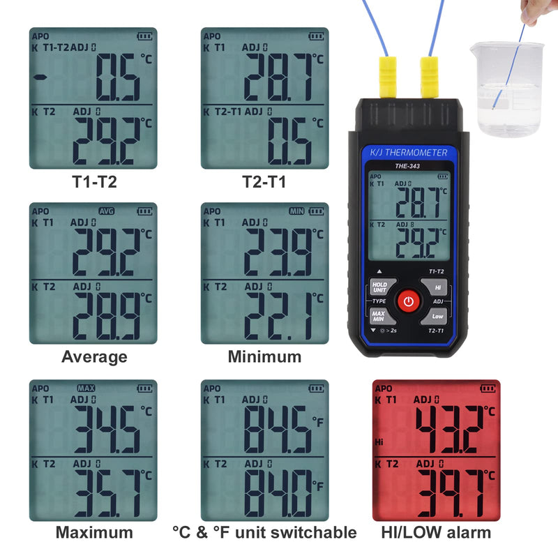 Thermocouple Thermometer, Digital K Type Thermometer with 4 Thermocouples, -200-1372℃ Measuring Range HVAC Thermometer Dual Channels, Temperature Meter LED Backlight and ADJ Compensation