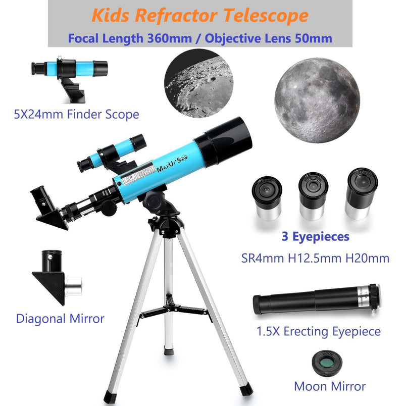 Lunar Telescope for Kids and Astronomy Beginners, Refractor Telescope with Finder Scope and 3 Eyepieces, Travel Telescope with Compact HD Binoculars for Moon Viewing Bird Watching Sightseeing F360X50+8X21 (Telescope+Binoculars)