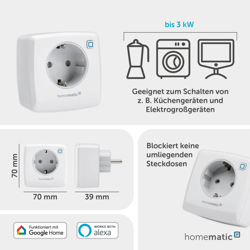Homematic IP Smart Home Switch Socket, Digital Adapter Plug Controls Lights or Electrical Devices via the App, Alexa & Google Assistant, Energy Saving, 157338A0 | Smart Home, digital adapter plug controls lights, electrical devices via app, Alexa & Goo...