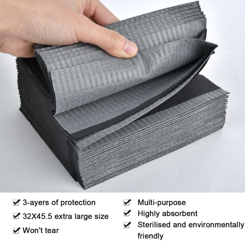 Black Dental Bibs, Pack of 125 Disposable Dental Bibs, 33 cm x 45 cm, Disposable Tattoo Bib, Sheet, 3 Layers, Waterproof Tattoo Mat, Tattoo Pads for Hospitals, Practices, Tattoo Studios