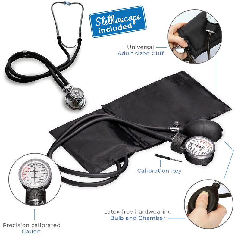 [Australia - AusPower] - NM-9170-BK Professional Aneroid Sphygmomanometer Blood Pressure Machine and Stethoscope Set, Universal Adult Size Cuff Arm, Manual Emergency BP Monitor Kit with Carrying Case, Black 