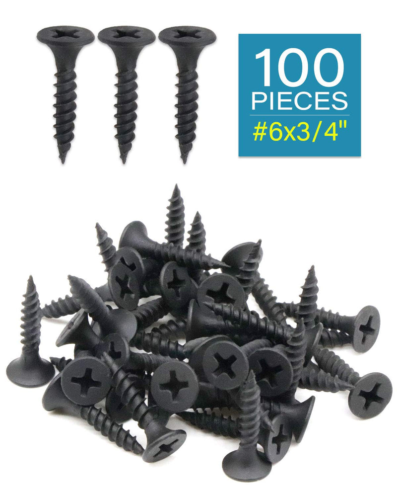 [Australia - AusPower] - 100pcs #6 x 3/4" Flat Head Phillips Drywall Screws Fine Thread Sharp Point Wood Screw, Carbon Steel 1022A, Black Phosphate #6 x 3/4" 100 