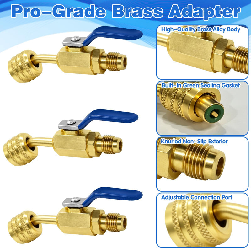 3pcs A2lr-32r454b Ball Valve Refrigerant HVAC Low Loss Adapter Ball Valve Adapter for LH Tanks and RH Servo Trousers of R-32/R-454b A2l Refrigerant, A2l R32 R454b Coolant Hose Adapter