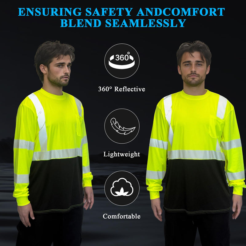 W&H Men's Class 3 High Visibility Long Sleeve Safety Shirt, UPF 40+ Sun Protection Quick-Dry Reflective Work Tee with Pocket Yellow 4X-Large