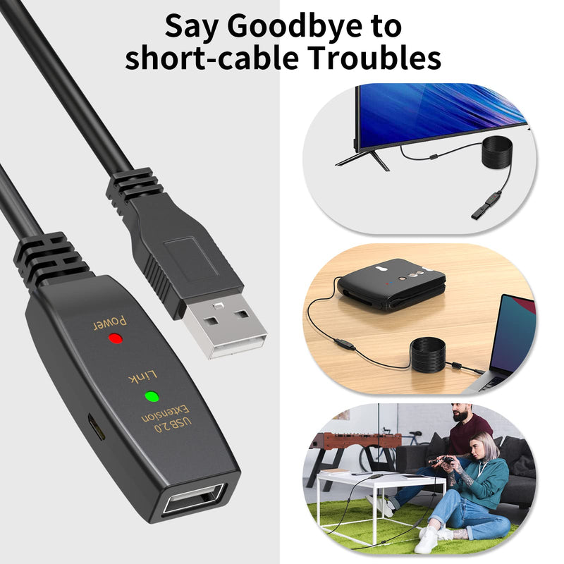 50FT Active USB Extension Cable 2.0 Male to Female with A Extension chipset Signal Booster - Active Extension/Repeate 50FT USB 2.0 Extension Cable Black