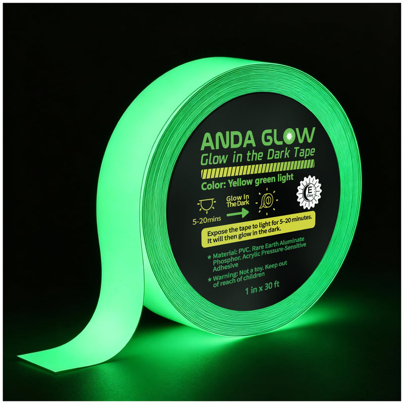 High Brightness Glow in the Dark Tape for Safety Marking, Art Craft DIY, Christmas Deco and Party Accessories. Non-Toxic Adhesive, Waterproof Rechargeable Luminous Tape (1 in X 30 ft) Yellow-Green Light 1 in X 30 ft