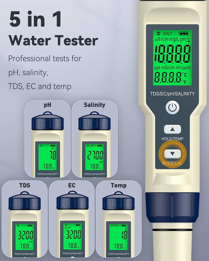 [Australia - AusPower] - Pawfly Pool Salt Tester & pH Meter, 5 in 1 pH Salinity TDS EC & Temperature Meter, Digital Salinity Tester TDS Meter for Swimming Pool Drinking Water Aquarium Hot Tub Saltwater & Spa 5-in-1 Digital Water Tester 