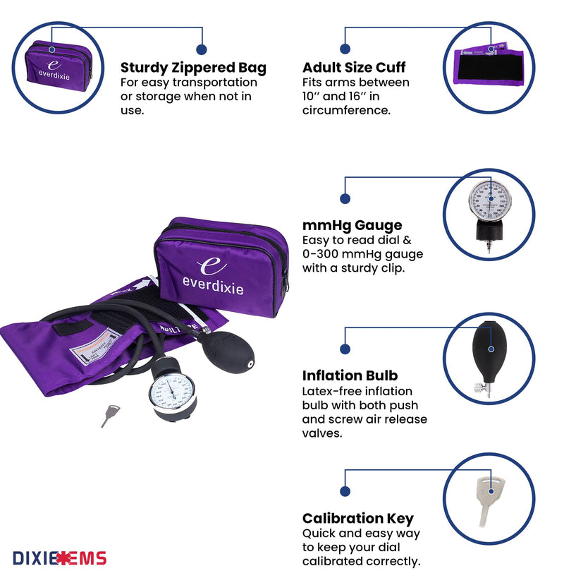 [Australia - AusPower] - Dixie Ems Deluxe Aneroid Sphygmomanometer Blood Pressure Set W/Adult Cuff, Carrying Case and Calibration Tool - Purple 1 Count (Pack of 1) 
