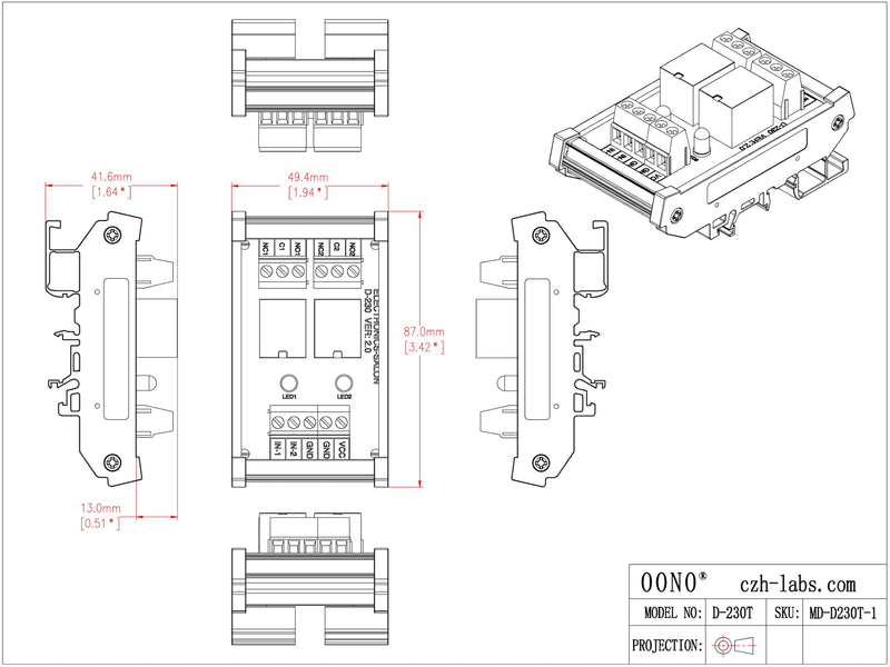 [Australia - AusPower] - Electronics-Salon DIN Rail Mount 2 SPDT 10Amp Power Relay Interface Module, DC 5V Version. 