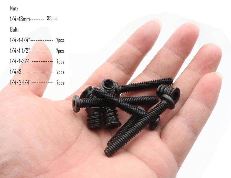 [Australia - AusPower] - LBY 35 Sets 1/4×13mm Threaded Inserts Nuts and Bolt Assortment kit, Hex Socket Drive Furniture Flanged Screw-in Nut(with Bolt), 5 Sizes, Carbon Steel, Black 
