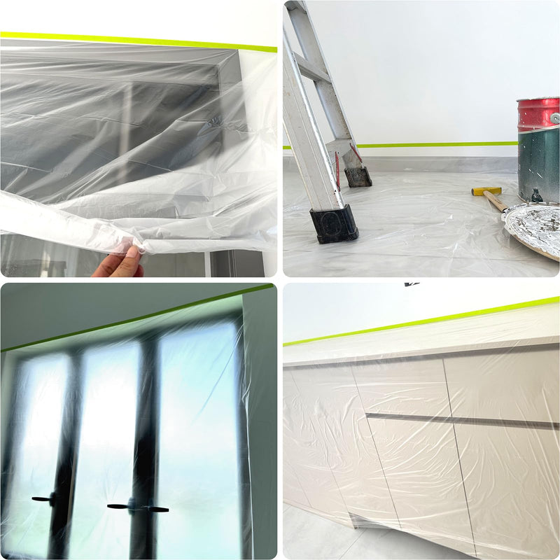 Pre-Taped Masking Film 2 Rolls 59" x 66' Automotive Painters Tape and Plastic Painting Film for Covering Cars Walls Windows and Floor Furniture Protection