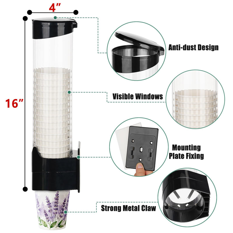 MYITYARD Large Cup Dispenser, Wall Mount Water Cooler Cup Dispenser Fits 9oz - 12oz Disposable Paper and Plastic Cups, Pull Type Cup Holder for Home Office Hospital Gym, Magnetic Mounting, Black Black - Large