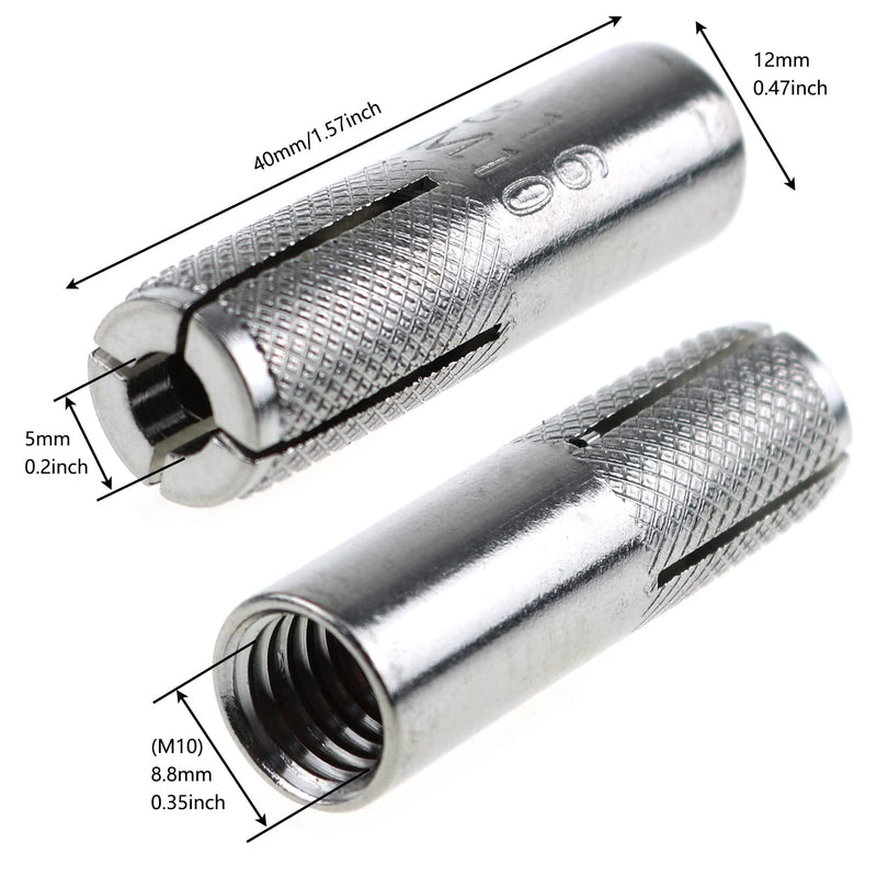[Australia - AusPower] - Drop-in Anchor E-outstanding 2PCS 40x12mm 316 Stainless Steel M10 Bolts Silver Tone Knurled Drop in Anchors 