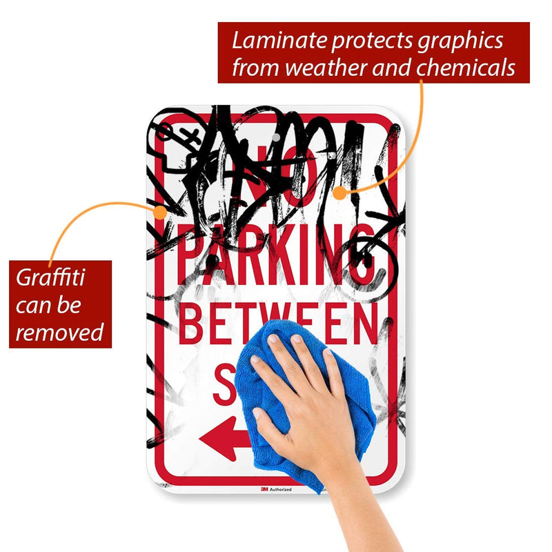 SmartSign-T1-1050-HI No Parking Between Signs Sign With Left Arrow By | 12" x 18" 3M High Intensity Grade Reflective Aluminum - Red on White