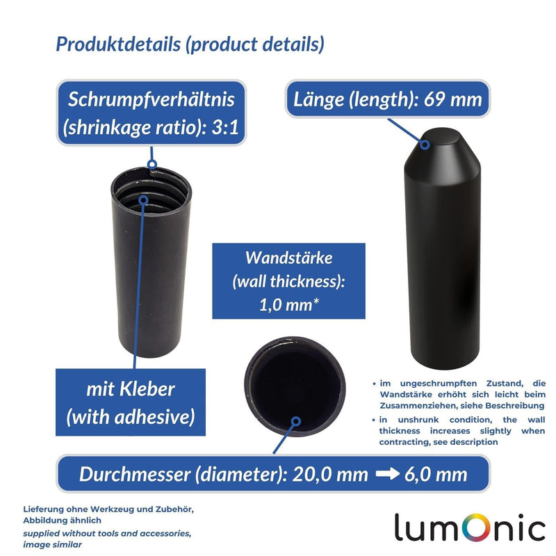 Lumonic I Heat Shrink End Cap with Adhesive I 20 -> 6 mm I Black I Ratio 3:1 I Crosslinked Polyolefin I Shrink Cap I for Cables, Pipes and Ropes 20mm - 6mm