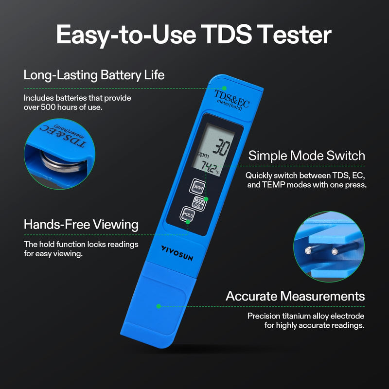 VIVOSUN Digital PH Meter, TDS and EC Pen for Water, Soil Moisture Tester for Hydroponics, Pool and Aquarium, Yellow Blue, UL Certified