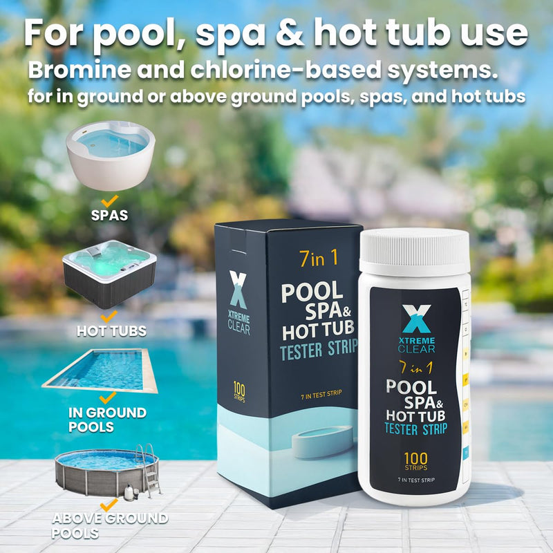 7-in-1 Swimming Pool Hot Tub & Spa Test Strips, 100 Count Pool Water Test Kit for Bromine, Chlorine, pH, Alkalinity, Hardness, Cyanuric Acid – Quick & Accurate Pool and Spa Water Testing