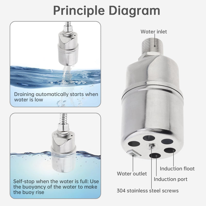 1/2 inch Float Valve, PNXKTXO Water Level Control Float Valve 1/2" to 3/4'' and 1/2'' to 1'' 304 Stainless Steel Fully Automatic Water Level Control Shut Off Valves Hose Connector Style 3