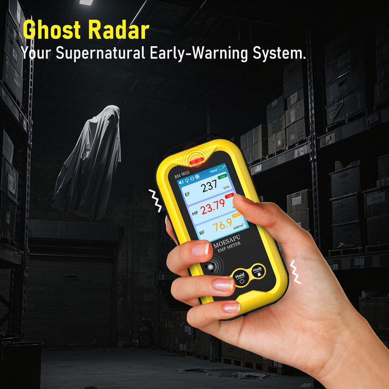 EMF Meter, 3-in-1 Electromagnetic Radiation Detector for EF MF RF Field, Electric Magnetic Radio Frequency Monitor, Portable Rechargeable Battery Reader for Microwave Ghost Hunting, BH-W01 Yellow