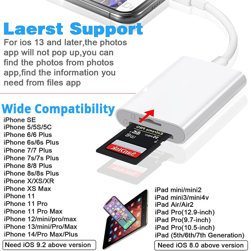 [Australia - AusPower] - (Apple MFi Certified) Lightning to SD Card Camera Reader for iPhone iPad, 2 in 1 Dual Card Slot Supports SD and TF Card, Portable Sd Card Adapter, Plug and Play 2 Slot 