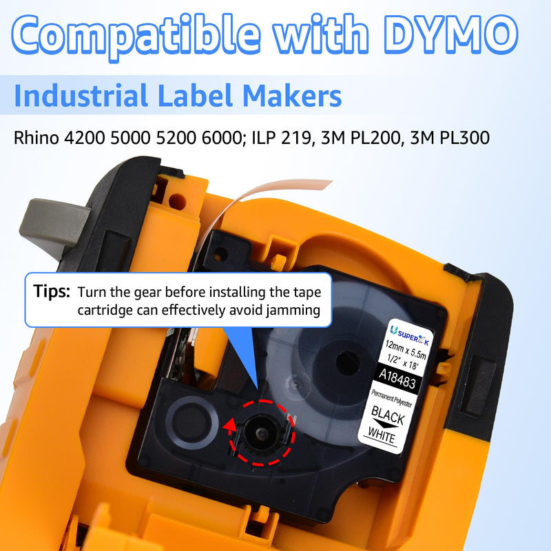 [Australia - AusPower] - USUPERINK 5PK 1/2" Rhino Industrial Permanent Polyester Compatible for Dymo Rhino 4200 5200 18483 Label Tape Black on White 1/2" x 18' for Rhino 5000 6000 3M PL300 Industrial Label Makers 12mm 5 Pack 